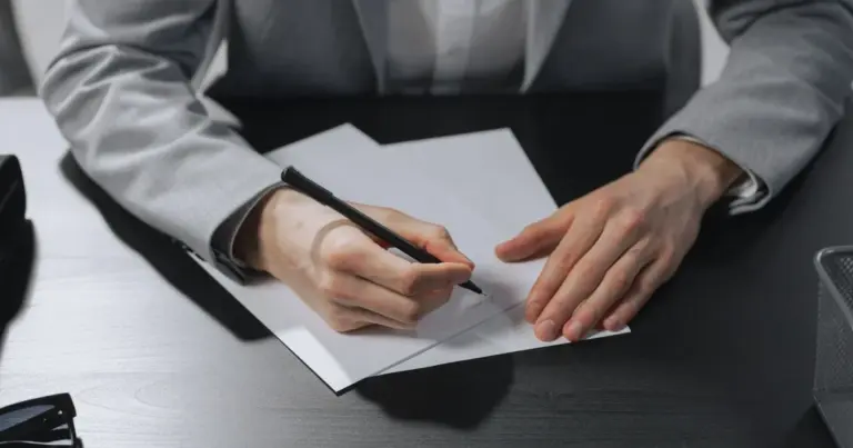 Mãos assinando um papel em branco com uma caneta sobre uma mesa escura