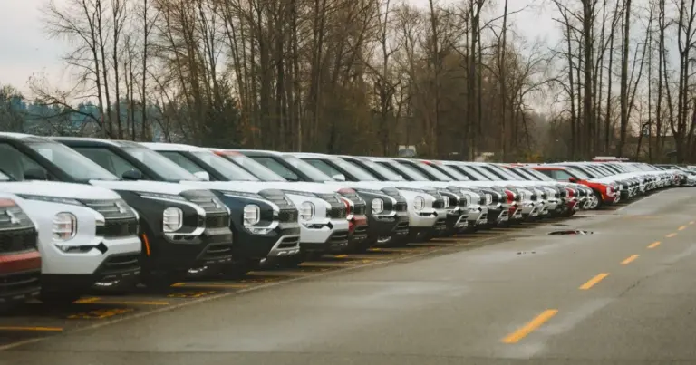 Longa fileira de carros usados estacionados lado a lado em um grande estacionamento