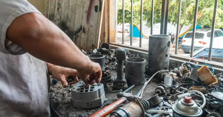 Peças automotivas organizadas em oficina
